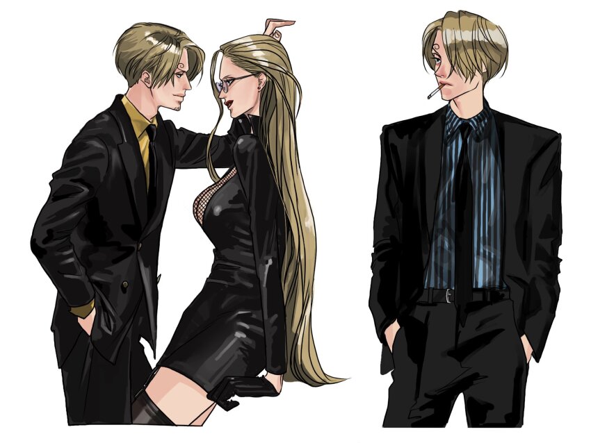 1boy 1girl black_gloves black_suit cigarette commentary cowboy_shot curly_eyebrows facial_hair fishnet_top fishnets formal_clothes glasses gloves goatee hair_slicked_back hand_in_pocket hands_in_pockets highres kalifa_(one_piece) light_smile long_hair multiple_views one_piece popsweetyio profile sanji_(one_piece) shirt striped_clothes striped_shirt suit symbol-only_commentary vertical-striped_clothes vertical-striped_shirt white_background yellow_shirt