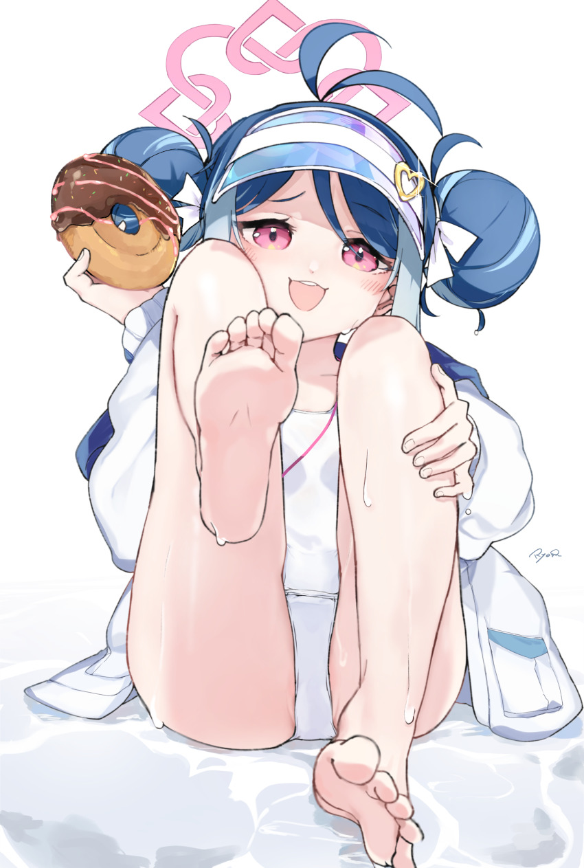 1girl absurdres blue_archive blue_hair blush covered_navel double_bun donut food fubuki_(blue_archive) fubuki_(swimsuit)_(blue_archive) hair_bun halo highres holding holding_food jacket long_sleeves one-piece_swimsuit open_clothes open_jacket open_mouth pink_halo red_eyes ryo_(ryo_skrdi) school_swimsuit short_hair smile solo swimsuit toes whistle whistle_around_neck white_jacket white_one-piece_swimsuit