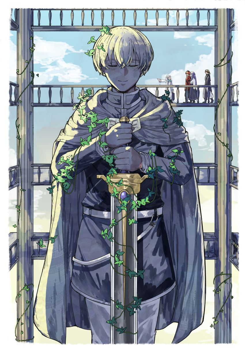 2boys 2girls :d absurdres blue_scarf bob_cut brown_hair cape closed_eyes closed_mouth coat day dungeon_meshi fern_(sousou_no_frieren) frieren grey_hair highres himmel_(sousou_no_frieren) holding holding_suitcase holding_sword holding_weapon jacket kagawaraifu long_hair long_skirt long_sleeves multiple_boys multiple_girls open_mouth outdoors pants plant pointing pointy_ears purple_hair purple_skirt red_jacket scarf season_connection sein_(sousou_no_frieren) short_hair skirt sleep_walking_orchestra smile sousou_no_frieren stark_(sousou_no_frieren) statue suitcase sword tunic vines walking weapon white_coat winter_clothes winter_coat