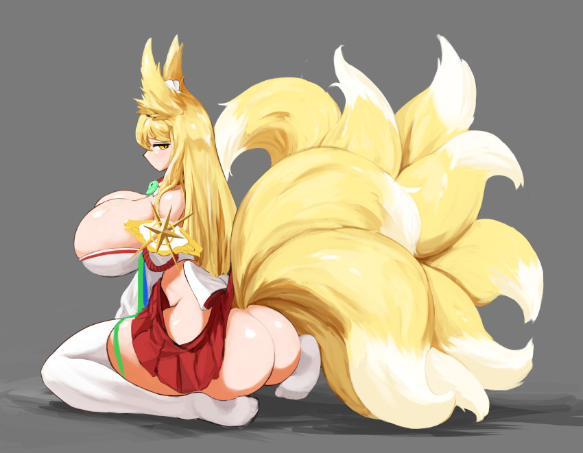 1girl absurdres animal_ears ass blonde_hair breasts detached_sleeves fox_ears fox_girl fox_tail highres hirume_of_heavenly_incense huge_breasts kitsune kyuubi last_origin long_hair looking_at_viewer multiple_tails no_panties no_shoes nontraditional_miko pleated_skirt side-eyed skindentation skirt solo tail thighhighs very_long_hair virtus yellow_eyes