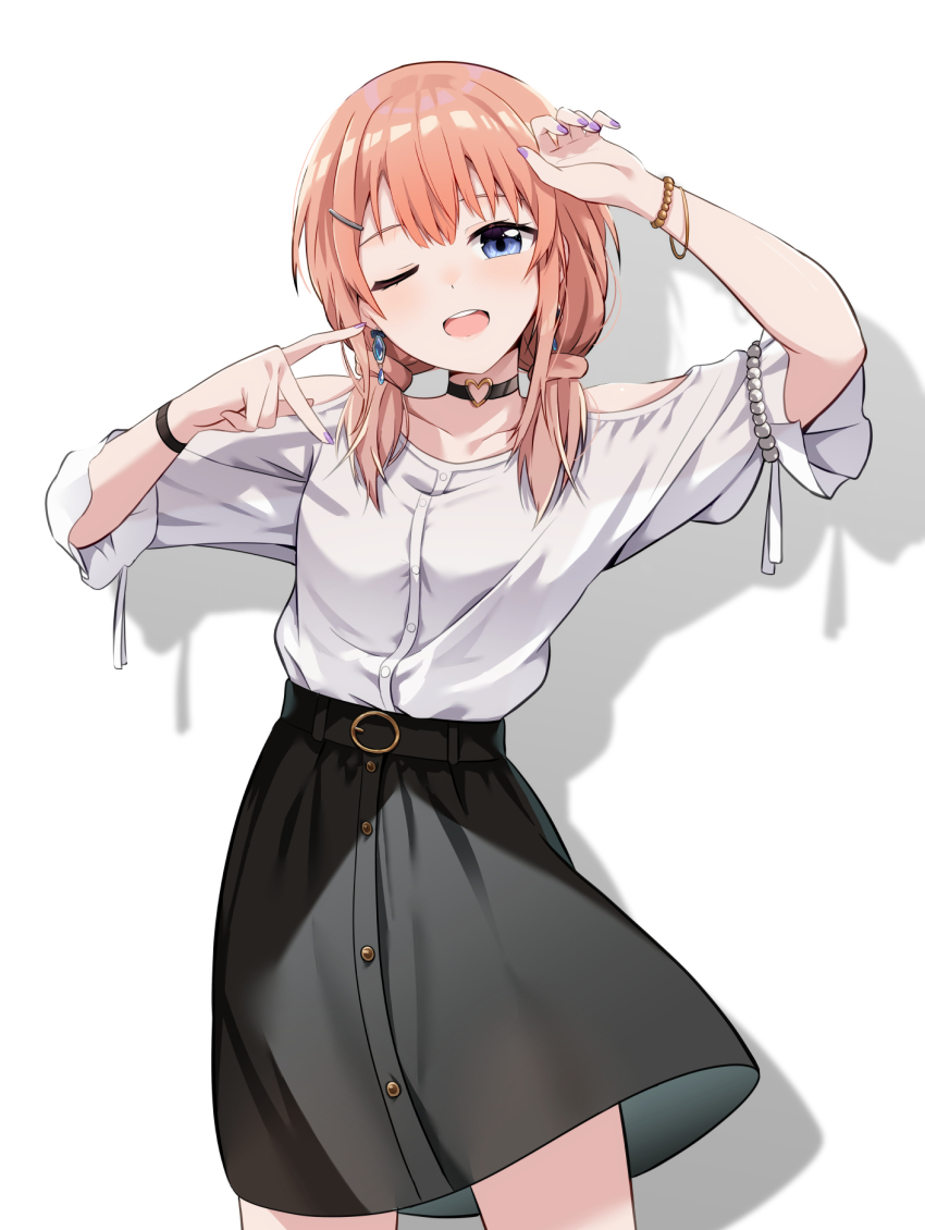 1girl ;d arm_up black_skirt blue_eyes blush brown_hair cac_itinose clothing_cutout collarbone commentary_request hair_ornament hair_over_shoulder hairclip highres long_hair looking_at_viewer low_twintails nail_polish one_eye_closed open_mouth original puffy_short_sleeves puffy_sleeves purple_nails shadow shirt short_sleeves shoulder_cutout simple_background skirt smile solo twintails white_background white_shirt