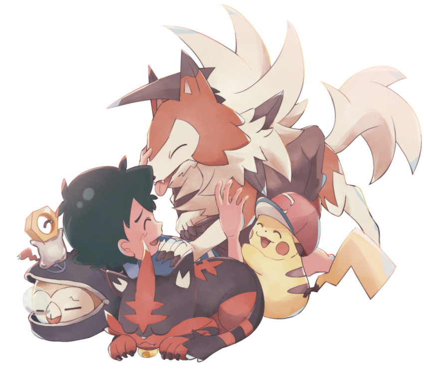 1boy ash_ketchum backpack bag black_hair claws fangs gen_1_pokemon gen_7_pokemon hhm6965 lycanroc lycanroc_(dusk) male_focus meltan mythical_pokemon nintendo open_mouth pikachu pokemon pokemon_(anime) pokemon_(creature) pokemon_sm_(anime) rowlet simple_background sleeping smile tongue tongue_out torracat white_background