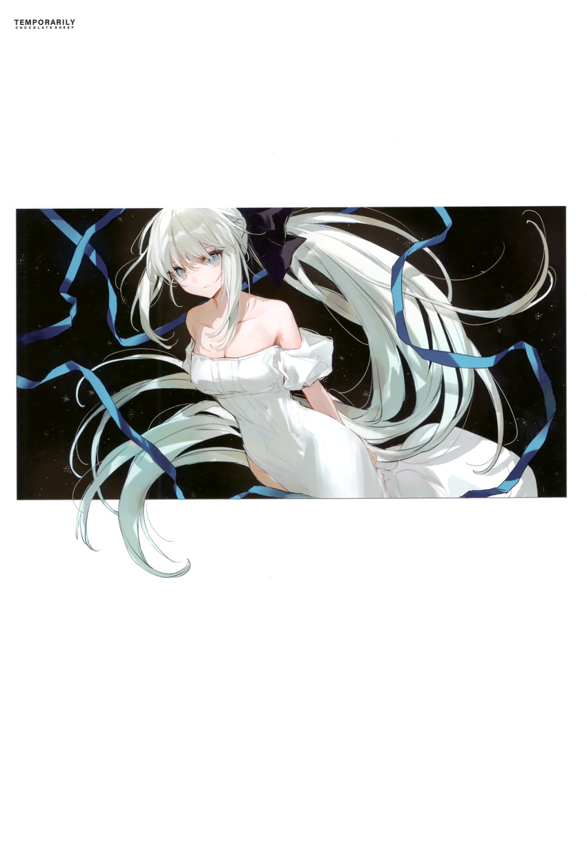 1girl absurdres arms_behind_back bare_shoulders black_background blue_eyes breasts chocoan comiket_99 dress expressionless fate/grand_order fate_(series) hair_ribbon highres long_hair looking_at_viewer morgan_le_fay_(fate) ponytail ribbon scan sidelocks solo white_background white_dress white_hair