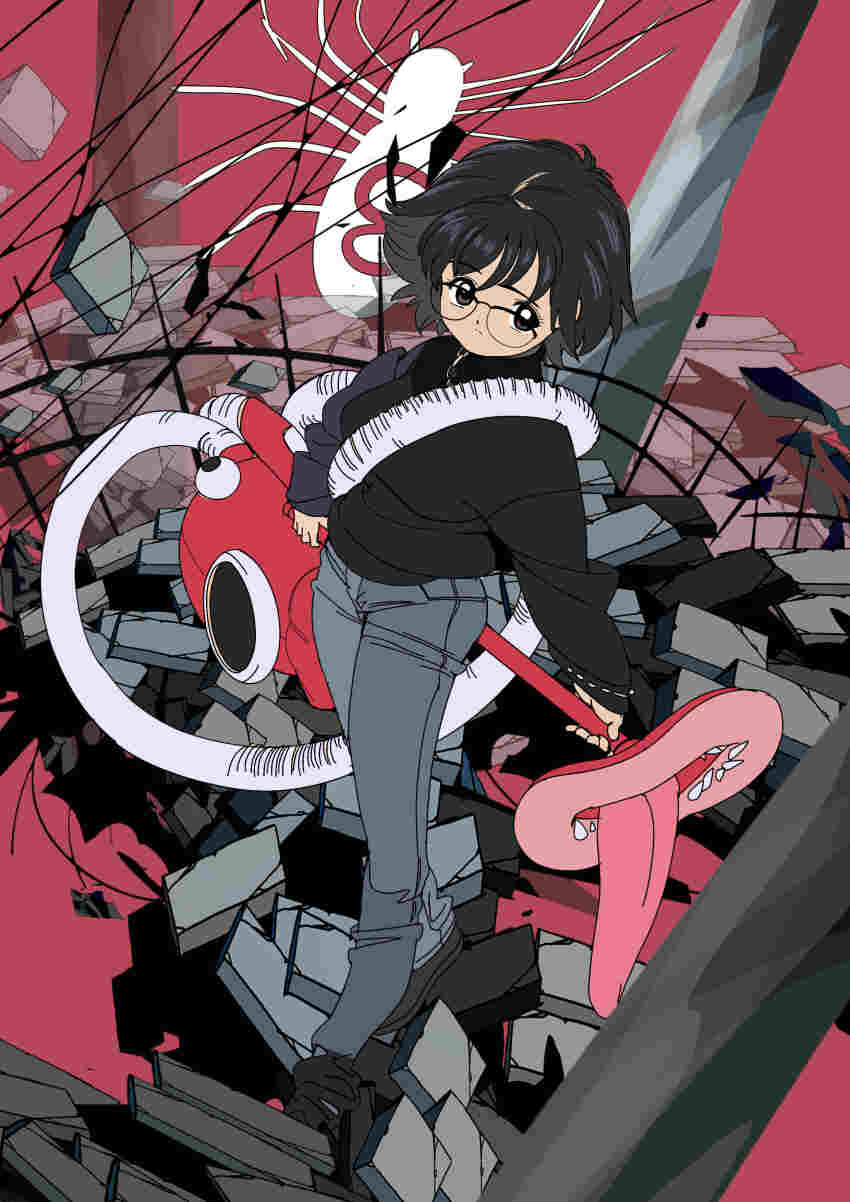 1girl absurdres black-framed_eyewear black_eyes black_hair black_shoes black_sweater blinky_(hunter_x_hunter) blue_pants closed_mouth commentary_request denim edoya_inuhachi fence full_body glasses highres holding_vacuum_cleaner hunter_x_hunter iron_fence jeans monster open_mouth pants red_background ruins sharp_teeth shizuku_murasaki shoes short_hair spikes standing sweater teeth tongue tongue_out turtleneck turtleneck_sweater vacuum_cleaner