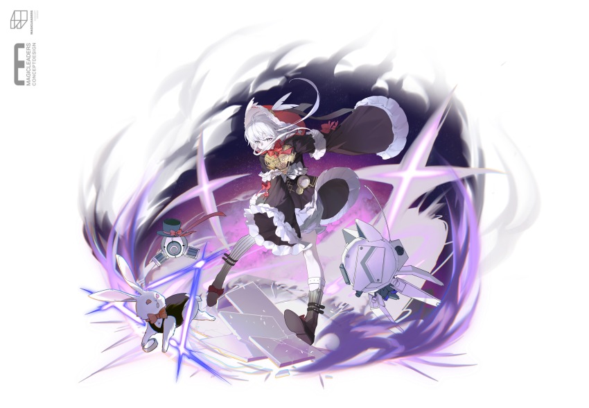 1girl absurdres ahoge animal animal_ears ankle_belt ankle_socks attack black_dress black_footwear black_hat bloomers bow bowtie casting_spell chinese_commentary clock clothed_animal commentary cross-laced_clothes cross-laced_dress dress dress_bow drone dust_cloud fake_animal_ears feather_hair_ornament feathers frilled_dress frilled_sleeves frills full_body garter_straps gradient_legwear grey_eyes grey_socks hair_ornament hat hat_bow highres hood hood_up leotard long_sleeves looking_at_animal luosanle magicleaders mechanical_ears medium_dress mismatched_socks no._21_(pgr) no._21&#039;s_buddy_(pgr) no._21:_xxi_(red_hoodie)_(pgr) non-humanoid_robot official_alternate_costume one-eyed playboy_bunny punishing:_gray_raven rabbit radio_antenna red_bow red_bowtie red_hood robot sidelocks single_thighhigh sleeves_past_fingers sleeves_past_wrists socks solo star_(sky) star_(symbol) striped_clothes striped_socks tachi-e thighhighs tile_floor tiles top_hat underwear vertical-striped_clothes vertical-striped_socks very_long_sleeves white_bow white_hair