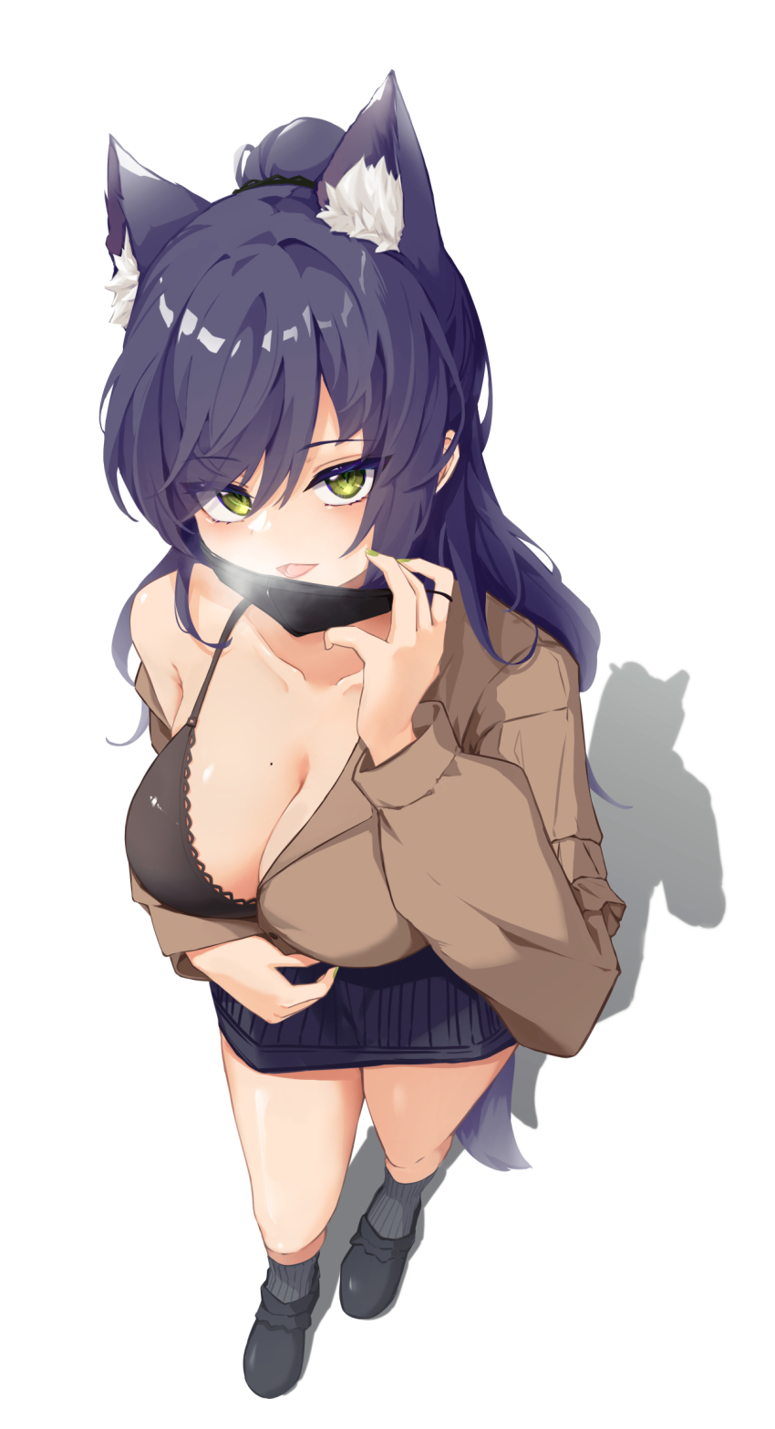 1girl animal_ear_fluff animal_ears black_bra black_mask black_shoes black_socks blue_hair blue_skirt bra breasts breath brown_shirt cleavage collarbone collared_shirt dress_shirt fox_ears fox_girl fox_tail from_above green_eyes hair_between_eyes highres large_breasts long_hair long_sleeves looking_at_viewer looking_up mask mask_pull meridian_project miniskirt mole mole_on_breast mouth_mask nail_polish open_clothes open_shirt ponytail ribbed_legwear ribbed_skirt ru_yan seki_(vtuber) shadow shirt shoes simple_background single_bare_shoulder skirt smile socks solo standing tail underwear virtual_youtuber white_background wing_collar