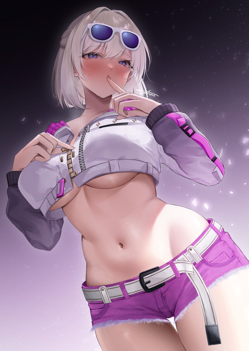 1girl absurdres belt breasts cropped_jacket eyewear_on_head final_fantasy final_fantasy_xiv finger_to_mouth highres hyur jacket navel pink_shorts purple_eyes shhilee short_shorts shorts sunglasses underboob warrior_of_light_(ff14) white_hair white_jacket zipper