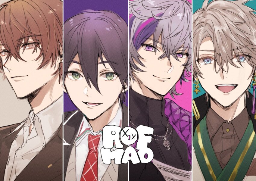 4boys :d black_hair black_jacket black_shirt black_sweater blue_eyes brown_eyes brown_hair brown_jacket brown_sweater closed_mouth collared_shirt column_lineup earrings fuwa_minato green_eyes grey_hair hair_between_eyes jacket japanese_clothes jewelry kagami_hayato kaida_haru kenmochi_touya looking_at_viewer male_focus mole mole_under_eye multicolored_hair multiple_boys nakayama_miyuki necklace necktie nijisanji open_clothes open_mouth purple_eyes purple_hair red_necktie rof-mao shirt short_hair smile streaked_hair sweater sweater_vest turtleneck turtleneck_sweater upper_body virtual_youtuber white_shirt
