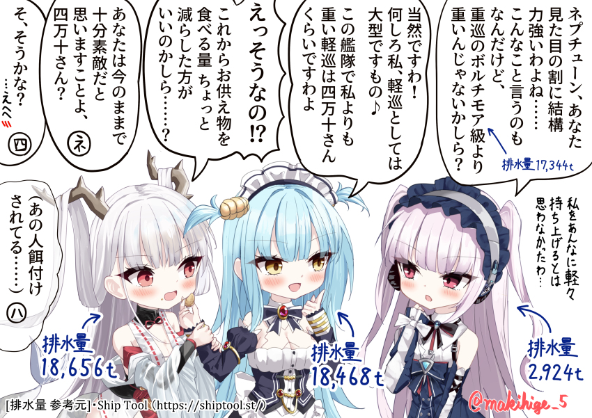 3girls :d absurdres azur_lane blue_bow blue_dress blue_hair blush bow breasts chibi chibi_only cleavage cleavage_cutout clothing_cutout commentary_request corset detached_sleeves dragon_girl dragon_horns dress food food_on_face hair_on_horn halford_(azur_lane) hand_up headphones highres holding holding_another&#039;s_arm holding_food horns large_breasts long_hair long_sleeves maid_headdress makihige multiple_girls neptune_(azur_lane) open_mouth purple_hair red_eyes see-through_cleavage see-through_clothes shimanto_(azur_lane) simple_background smile translation_request twintails twitter_username two_side_up very_long_hair white_background white_dress white_hair world_of_warships