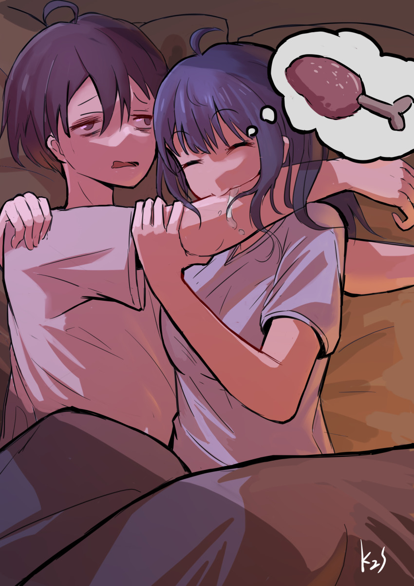 1boy 1girl absurdres biting biting_another&#039;s_hand blue_hair closed_eyes food hetero highres hug k2s make_heroine_ga_oo_sugiru! meat medium_hair nukumizu_kazuhiko on_bed open_mouth saliva shirt short_hair short_sleeves signature speech_bubble t-shirt thought_bubble upper_body white_shirt yanami_anna