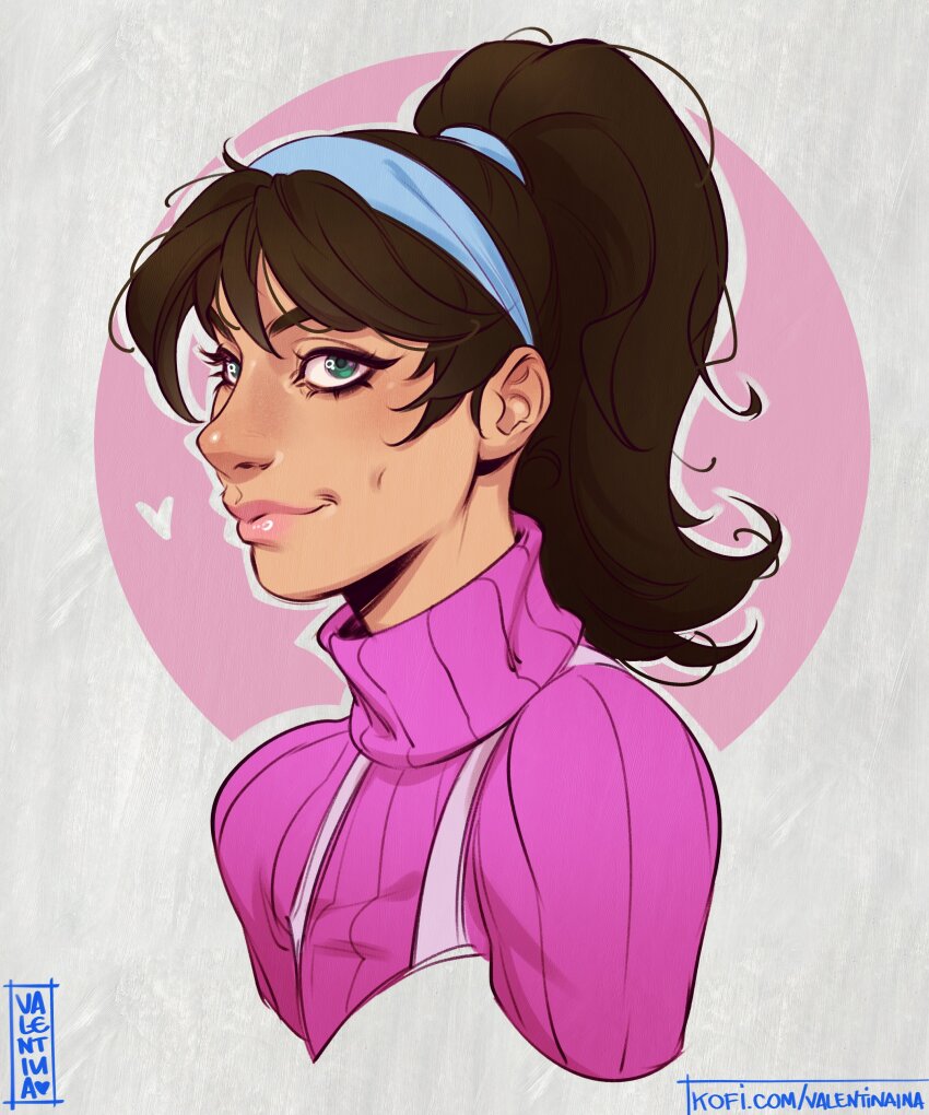 1girl absurdres artist_name black_hair green_eyes highres ko-fi_username long_hair looking_at_viewer original pink_sweater ponytail portrait solo sweater turtleneck turtleneck_sweater valentina_tavolilla watermark web_address