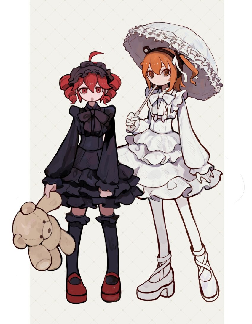 2girls a.i._voice adachi_rei ahoge alternate_costume black_dress black_thighhighs black_vs_white dress drill_hair frilled_dress frilled_thighhighs frilled_umbrella frills hairband highres holding holding_stuffed_toy holding_umbrella kasane_teto lolita_fashion lolita_hairband long_sleeves looking_at_viewer mary_janes medium_hair multiple_girls one_side_up orange_eyes orange_hair pantyhose red_eyes red_hair red_shoes s1ho_(ukiy0u0) shoes short_dress standing stuffed_animal stuffed_toy teddy_bear thighhighs twin_drills umbrella utau white_dress white_pantyhose white_shoes white_umbrella