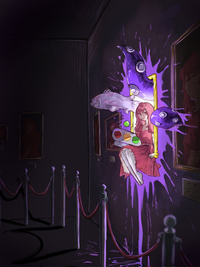 1000-nen_ikiteru_(vocaloid) 1girl aki_(a_ki_0002) art_gallery closed_mouth commentary_request dark_room dress empty_eyes fish flying_fish from_side gloves highres iki_(iyowa) indoors iyowa_girls long_hair looking_at_viewer looking_to_the_side paint_splatter painting_(object) pantyhose pink_dress pink_eyes pink_hair princess puffy_short_sleeves puffy_sleeves short_sleeves sitting solo stanchion staring tentacles through_medium through_painting tiara traffic_light white_gloves white_pantyhose wide-eyed wide_shot
