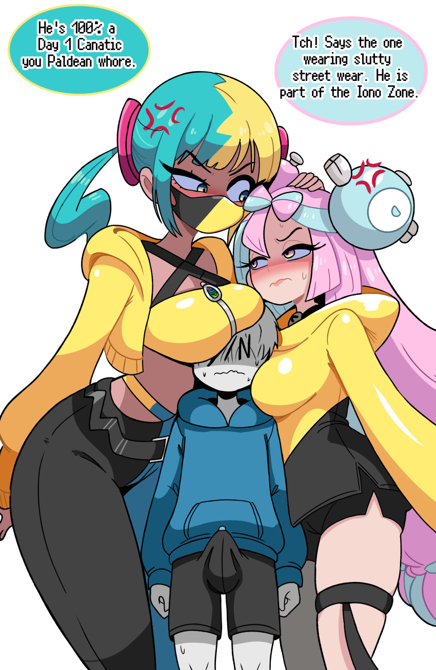 1boy 2girls absurdres age_difference anger_vein breasts bulge canari_(pokemon) english_text erection erection_under_clothes hetero highres iono_(pokemon) multicolored_eyes multicolored_hair multiple_girls nintendo onee-shota pokemon pokemon_legends:_z-a pokemon_sv precum rivalry sandwiched self-upload shota size_difference tagme unepicroachy