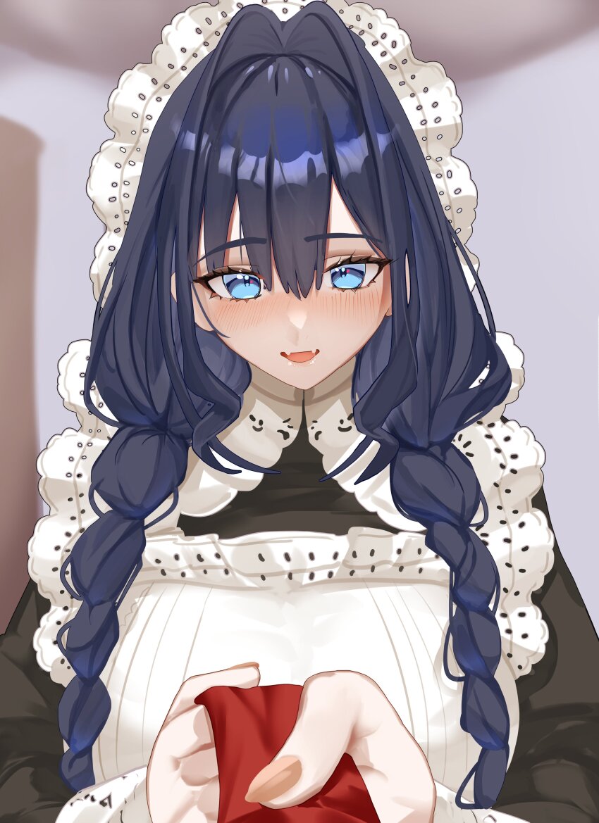1girl absurdres adjusting_another&#039;s_clothes adjusting_clothes adjusting_necktie apron black_dress blue_eyes blue_hair braid commentary dress english_commentary fangs fingernails hair_intakes hat highres hololive hololive_english koizumi_arata looking_at_viewer low_twin_braids maid_apron mob_cap necktie official_alternate_costume official_alternate_hairstyle open_mouth ouro_kronii ouro_kronii_(maid) pov red_necktie skin_fangs solo textless_version twin_braids virtual_youtuber white_apron