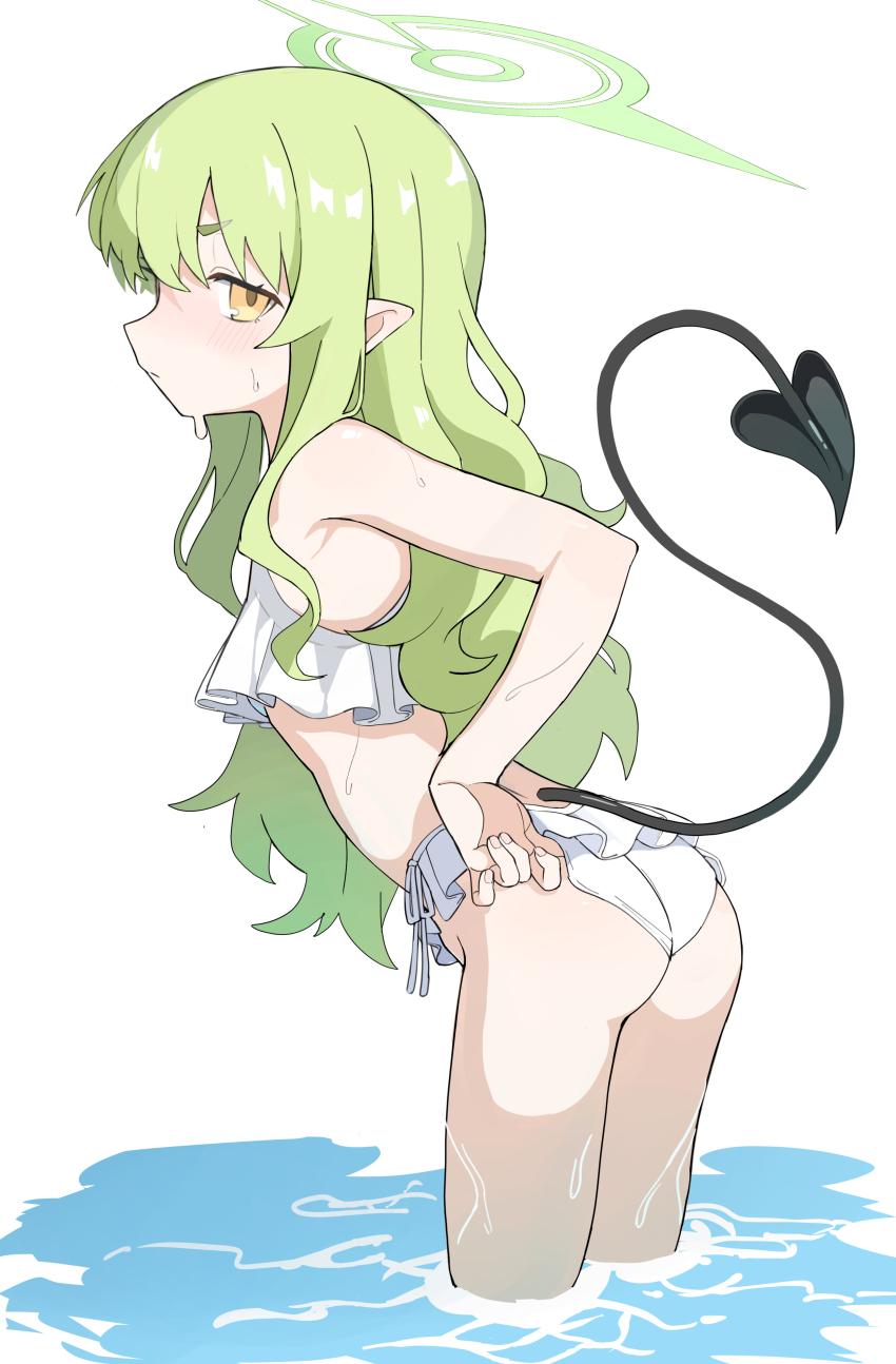 1girl absurdres adjusting_clothes adjusting_swimsuit alternate_costume ass bikini blue_archive blush demon_tail flat_chest frilled_bikini frills green_hair halo highres hikari_(blue_archive) leaning_forward loli long_hair looking_at_viewer mabokani pointy_ears solo swimsuit tail very_long_hair wading wedgie white_bikini yellow_eyes