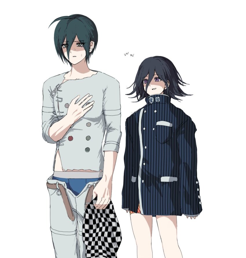 2boys ahoge black_hair black_jacket briefs buttons checkered_clothes checkered_scarf collared_jacket cosplay costume_switch danganronpa_(series) danganronpa_v3:_killing_harmony double-breasted flipped_hair hair_between_eyes hand_on_own_chest height_difference jacket long_sleeves male_focus male_underwear medium_hair mollass-eo multicolored_buttons multiple_boys no_pants oma_kokichi oma_kokichi_(cosplay) oversized_clothes partially_shaded_face partially_undressed purple_eyes purple_hair saihara_shuichi saihara_shuichi_(cosplay) scarf short_hair simple_background size_difference sleeves_past_fingers sleeves_past_wrists smirk standing striped_clothes striped_jacket thighs two-tone_scarf unamused undersized_clothes underwear unworn_scarf unzipped upper_body white_background
