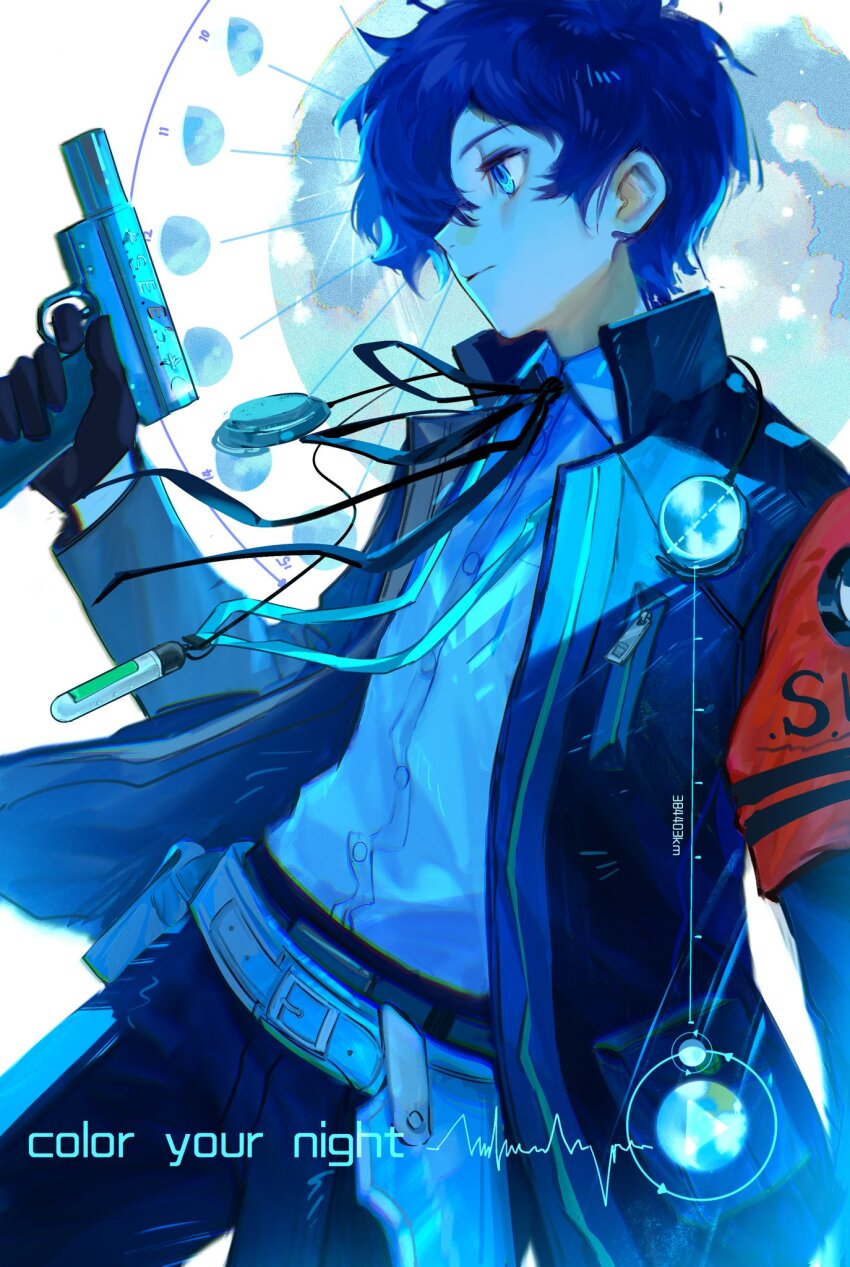 1boy armband belt black_gloves black_jacket black_ribbon blue_eyes blue_hair blue_theme closed_mouth collared_shirt digital_media_player evoker gekkoukan_high_school_uniform gloves gun hair_between_eyes hair_over_one_eye handgun highres holding holding_gun holding_weapon jacket long_sleeves male_focus neck_ribbon open_clothes open_jacket pants persona persona_3 persona_3_reload profile red_armband ribbon rrrrrrrrrrrou1 school_uniform shirt solo weapon yuuki_makoto_(persona_3)