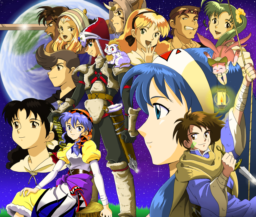 6+boys 6+girls :d alex_noah blonde_hair blue_hair brown_hair cloak collarbone everyone fighting_stance game_arts glint glowing green_hair hairband highres hiro_(lunar) holding holding_sword holding_weapon jean_(lunar) jessica_de_alkirk jewelry kyle_(lunar) lantern lemina_ausa leo_(lunar) light lucia_(lunar) luna_noah lunar lunar:_the_silver_star lunar_2:_eternal_blue mia_ausa mikiky multiple_boys multiple_girls nall_(lunar) nash_rumack necklace open_mouth pendant profile ronfar_(lunar) ruby_(lunar) scarf smile sword upper_body weapon white_knight_leo yellow_scarf