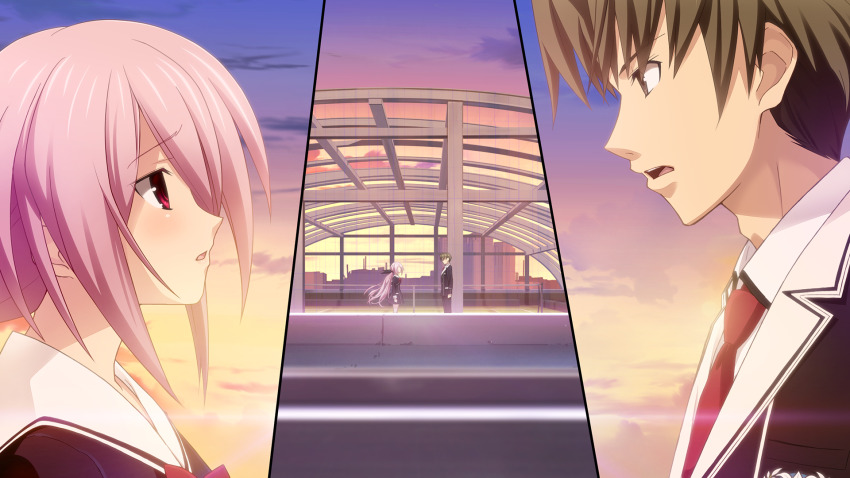 1boy 1girl architecture black_bow black_jacket black_pants blazer bow breasts building chaos;child chaos;child_love_chu_chu!! chest_bow cityscape cloud cloudy_sky cropped_jacket dress_vest game_cg green_hair hair_bow hekiho_academy hekiho_academy_school_uniform highres jacket kawahara_masashi ladder lapels light_blush long_hair looking_at_another looking_down medium_breasts minamisawa_senri miniskirt multiple_hair_bows necktie notched_lapels official_art on_roof on_rooftop orange_sky outdoors pants pink_hair red_eyes red_necktie rooftop sailor_collar sailor_shirt sasaki_mutsumi school_emblem shiny_skin shirt short_hair skirt sky skyscraper sunset tennis tennis_court tennis_net thick_thighs thighs twilight twintails very_short_hair white_sailor_collar