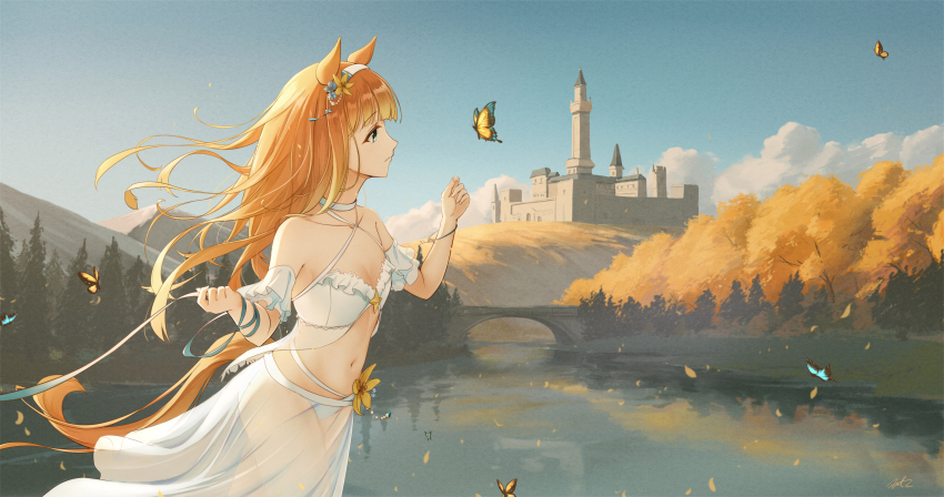 1girl absurdres animal animal_ears autumn autumn_leaves bikini bug butterfly castle day flower fritz614 from_side green_eyes highres horse_ears horse_girl horse_tail insect leaf long_hair navel orange_hair outdoors profile sarong silence_suzuka_(umamusume) solo swimsuit tail tree umamusume white_bikini yellow_flower