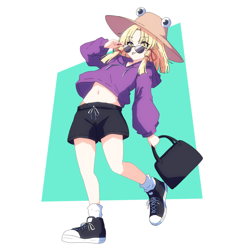 1girl absurdres adjusting_eyewear bag black-framed_eyewear blonde_hair blue_background contemporary full_body hair_ribbon handbag hat highres holding holding_bag hood hood_down hoodie long_sleeves looking_at_viewer midriff moriya_suwako pioartstuff purple_hoodie red_ribbon ribbon shoes short_shorts shorts sneakers socks solo sunglasses tongue tongue_out touhou two-tone_background white_background white_socks yellow_eyes