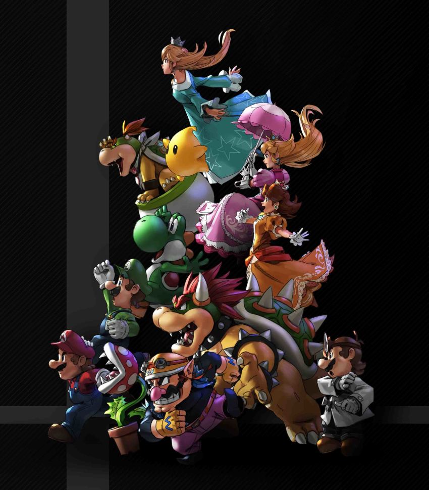 3boys 3girls absurdres armlet biker blonde_hair blouse bowser bowser_jr. bracelet brown_hair claws crown doctor dr._mario dr._mario_(game) gloves green_shirt hat highres jewelry lab_coat long_hair luigi mario mario_(series) multiple_boys multiple_girls nintendo overalls piranha_plant plant plumber princess princess_daisy princess_peach red_hair red_shirt rosalina shirt spiked_armlet spiked_bracelet spikes super_mario_galaxy super_mario_land super_smash_bros. tomboy wario wario_land yoshi