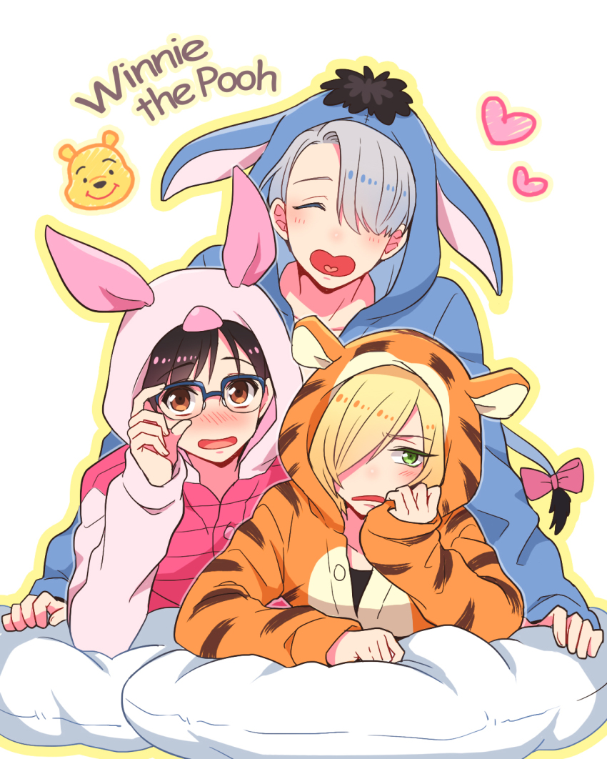 3boys adjusting_eyewear animal_costume black_hair blonde_hair blue-framed_eyewear blush brown_eyes head_rest cosplay eeyore eeyore_(cosplay) closed_eyes glasses green_eyes hair_over_one_eye heart heart_in_mouth highres katsuki_yuuri lying male_focus multiple_boys nightcat on_stomach open_mouth piglet_(winnie_the_pooh) piglet_(winnie_the_pooh)_(cosplay) pillow pooh silver_hair smile tigger tigger_(cosplay) viktor_nikiforov winnie_the_pooh yuri!!!_on_ice yuri_plisetsky