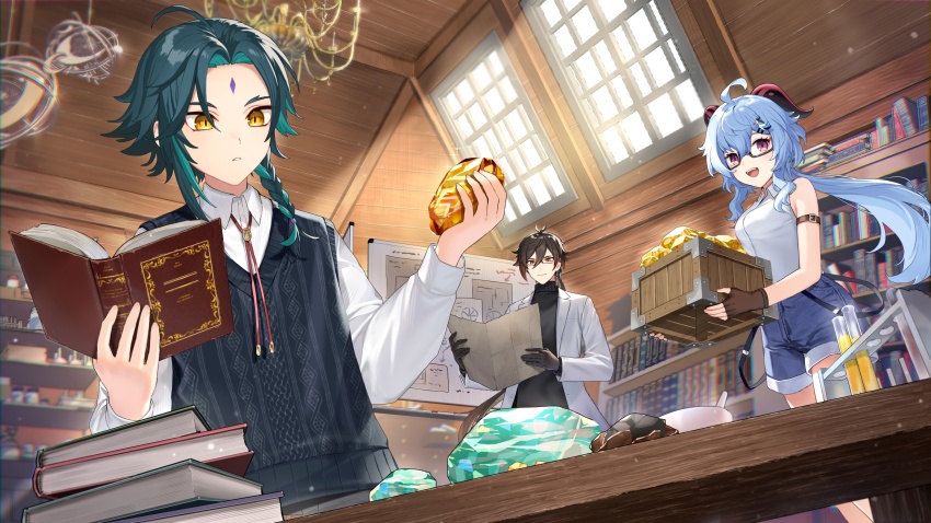 1girl 2boys absurdres alternate_costume black_gloves black_hair black_sweater black_vest blue_hair blue_shorts book box breasts brown_gloves brown_hair desk facial_mark fingerless_gloves ganyu_(genshin_impact) gem genshin_impact glasses gloves goat_horns green_hair highres holding holding_book holding_box horns jacket jewelry long_hair looking_at_viewer low_ponytail male_focus medium_breasts multicolored_hair multiple_boys necklace open_mouth ponytail purple_eyes shirt shorts smile sweater sweater_vest table tsunakawa vest white_jacket white_shirt window xiao_(genshin_impact) yellow_eyes zhongli_(genshin_impact)