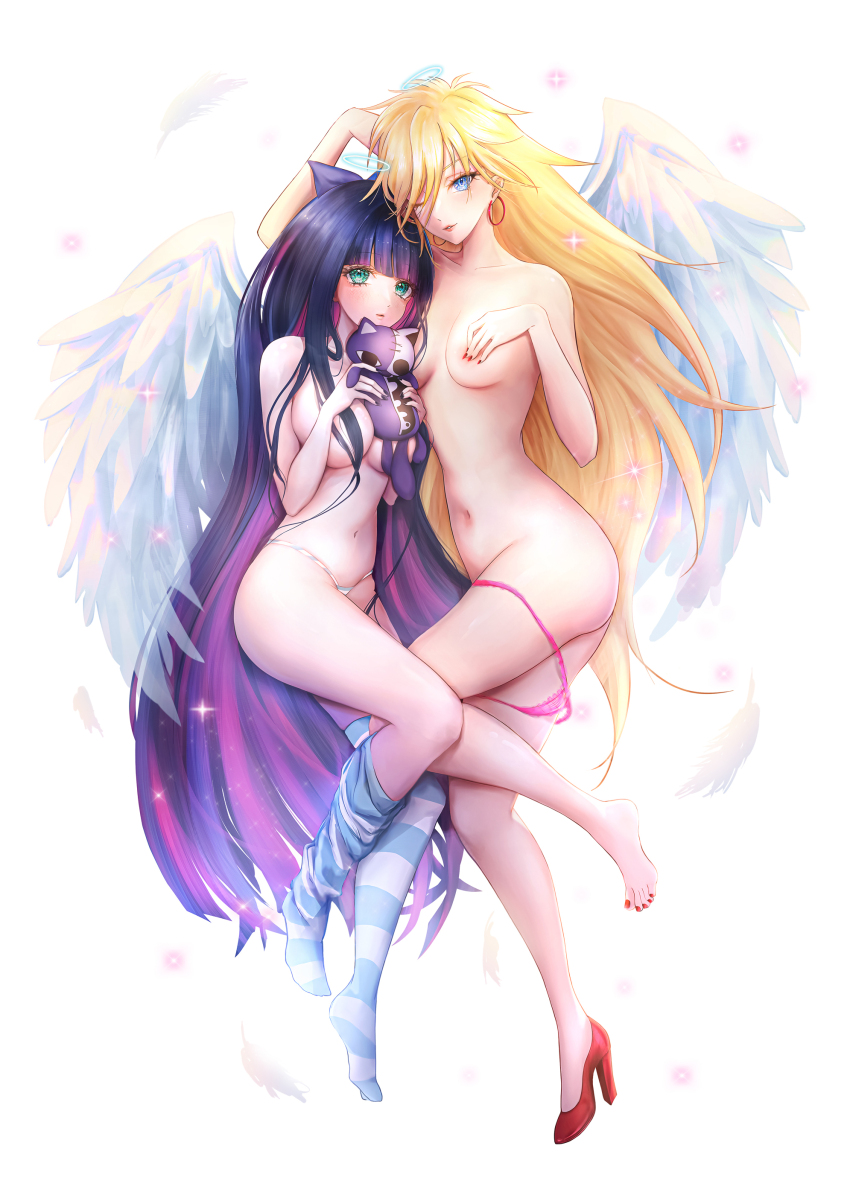 2girls absurdres ass blonde_hair blue_eyes breasts covering_breasts covering_privates feathered_wings green_eyes highres holding holding_stuffed_toy honekoneko_(psg) long_hair medium_breasts multiple_girls nail_polish panties panties_around_leg panty_&amp;_stocking_with_garterbelt panty_(psg) pink_panties pinkuempire purple_hair red_shoes shoes single_shoe stocking_(psg) striped_clothes striped_thighhighs stuffed_toy thighhighs thighhighs_pull toenail_polish toenails topless_female underwear very_long_hair wings