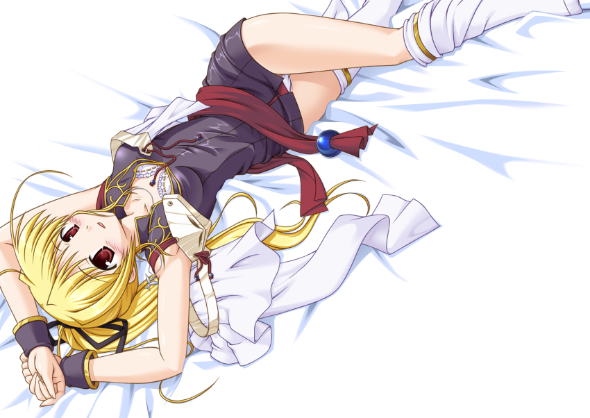 1girl armpits arms_up bed blonde_hair blush bra capelet cynthia_marguerite dress fana female_focus highres legs lingerie lying on_back open_clothes open_shirt panties pantyshot red_eyes sash shirt solo thighhighs underwear white_bra white_panties white_thighhighs wrist_cuffs yoake_mae_yori_ruri_iro_na