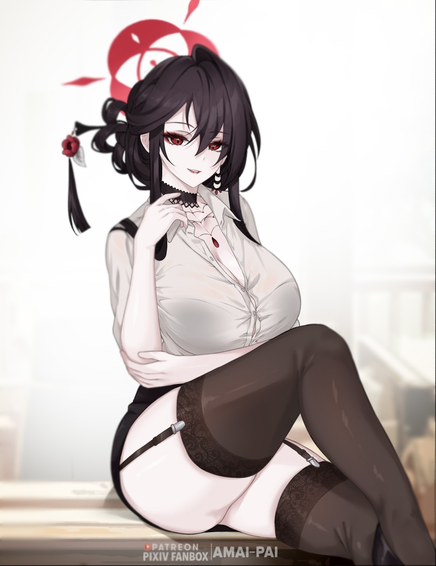 1girl absurdres alternate_costume amai-pai arm_under_breasts black_bra black_choker black_garter_straps black_hair black_skirt black_thighhighs blue_archive blush bra bra_visible_through_clothes breasts choker cleavage eyeliner eyeshadow garter_straps hair_ornament hair_stick halo highres huge_breasts kokuriko_(blue_archive) leg_up looking_at_viewer makeup miniskirt office_lady open_collar pale_skin patreon_username red_eyeliner red_eyes red_eyeshadow shirt sitting skirt solo thighhighs underwear white_shirt