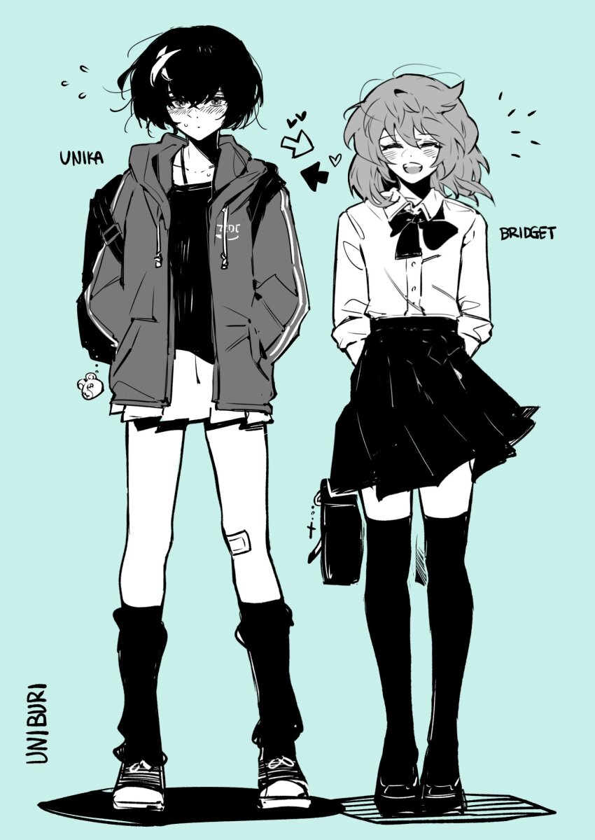 1boy 1girl alternate_universe androgynous arms_behind_back artist_name backpack bag bandaid black_hair black_thighhighs blue_background blush bow bowtie bridget_(guilty_gear) character_name closed_eyes crossdressing flying_sweatdrops full_body guilty_gear hands_in_pockets heart hetero highres hood hoodie jacket ky_gwangin long_hair open_mouth school_uniform short_hair simple_background skirt smile socks standing thighhighs trap unika_(guilty_gear)