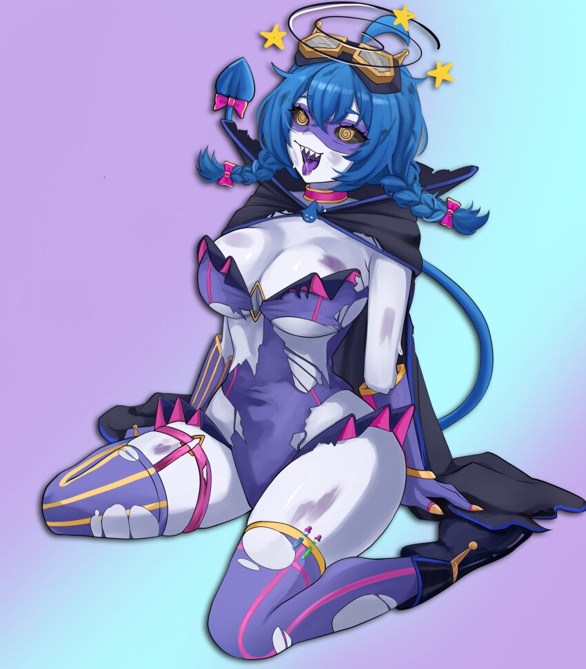 1girl @_@ absurdres ahoge alternate_costume blue_hair bondpaint braid breasts cape collar damaged defeat defeated_villainess dizzy drooling gloves goggles highres leotard open_mouth ryona second-party_source sharp_teeth simple_background socks_agency spread_legs star_(symbol) teeth thick_thighs thighhighs thighs tiefling tongue tongue_out torn_clothes twin_braids twintails underboob virtual_youtuber yomi_quinnley