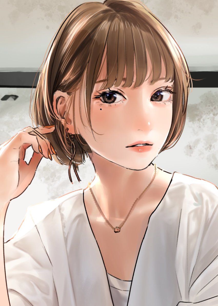 1girl brown_eyes brown_hair collarbone hand_up highres jewelry lips lipstick looking_at_viewer makeup mole mole_under_eye nail_polish necklace original parted_lips saitou_(lynx-shrike) shirt short_hair short_sleeves solo white_shirt