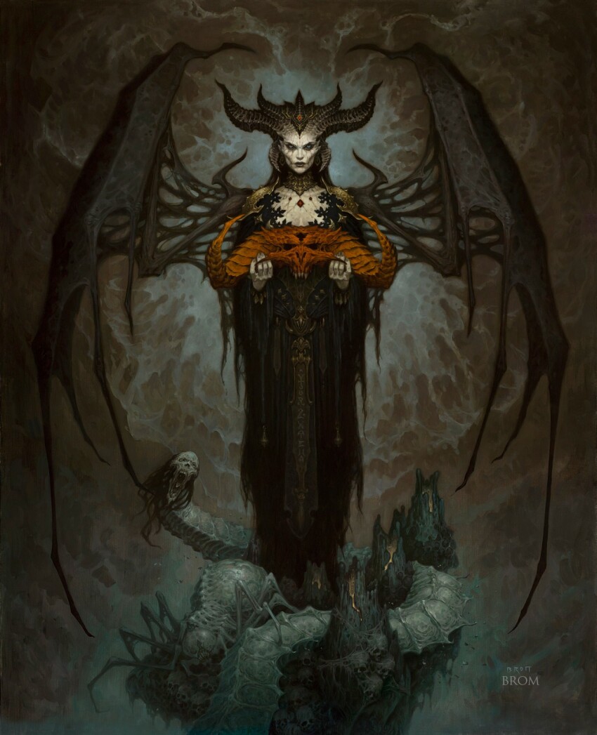 1girl black_dress black_lips breasts bug cleavage demon_girl demon_horns demon_wings diablo_(series) dress expressionless fingernails geraldbrom heterochromia highres holding holding_skull horns lilith_(diablo) looking_at_viewer medium_breasts sharp_fingernails skull solo spider wings