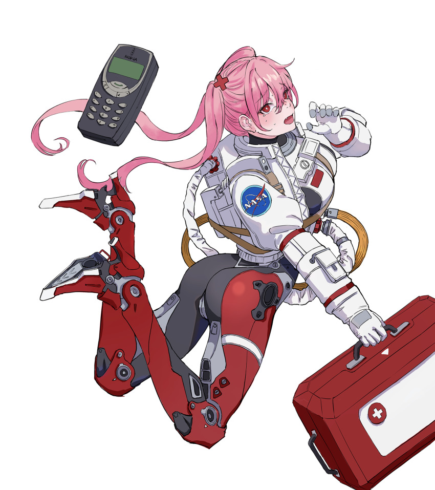1girl ass astronaut blush bodysuit fang female_focus first_aid_kit floating floating_hair full_body gold_can hair_between_eyes high_heels highres holding logo long_hair nasa nasa_logo nokia_(company) nokia_3310 nurse open_mouth original phone pink_hair red_eyes science_fiction simple_background solo spacesuit sweat tears turtleneck twintails white_background