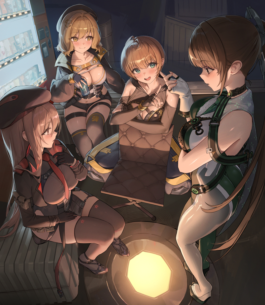 4girls anis_(nikke) arm_pouch arm_under_breasts baggy_pants bandolier bare_shoulders belt belt_pouch beret black_gloves black_hat black_jacket black_pants black_shirt black_shoes black_shorts black_thighhighs blue_eyes blunt_bangs blush bodysuit breasts brown_eyes brown_hair can cargo_pants cat_hair_ornament chair cleavage closed_mouth clothing_cutout collarbone collared_shirt commentary crop_top cropped_jacket drink_can eve_(stellar_blade) fingerless_gloves gloves goddess_of_victory:_nikke green_bodysuit hair_between_eyes hair_ornament hat high_heels highres hinaki_(hinaki_0102) holding holding_can indoors jacket large_breasts lily_artemis_ii_(stellar_blade) long_hair long_sleeves looking_at_another medium_breasts medium_hair midriff multiple_girls navel necktie open_clothes open_jacket open_mouth pants parted_lips ponytail pouch rapi_(nikke) red_eyes red_necktie shirt shoes short_hair short_shorts shorts shoulder_cutout shrug_(clothing) sidelocks sitting skin_tight skindentation sleeveless sleeveless_bodysuit smile soda_can standing stellar_blade tank_top teeth thigh_strap thighhighs two-tone_bodysuit two-tone_gloves upper_teeth_only vending_machine very_long_hair white_gloves white_tank_top