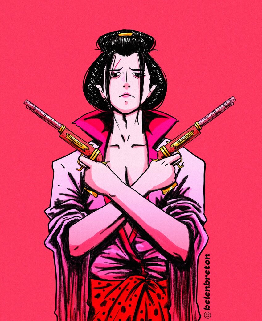 1boy antique_firearm artist_name belenbreton black_eyes black_hair closed_mouth collarbone commentary dual_wielding english_commentary firearm firelock flintlock gun hair_ornament hair_over_one_eye high_collar highres holding holding_gun holding_weapon izou_(one_piece) japanese_clothes kimono male_focus one_piece pink_kimono pink_lips sad scar scar_across_eye scar_on_face simple_background solo weapon