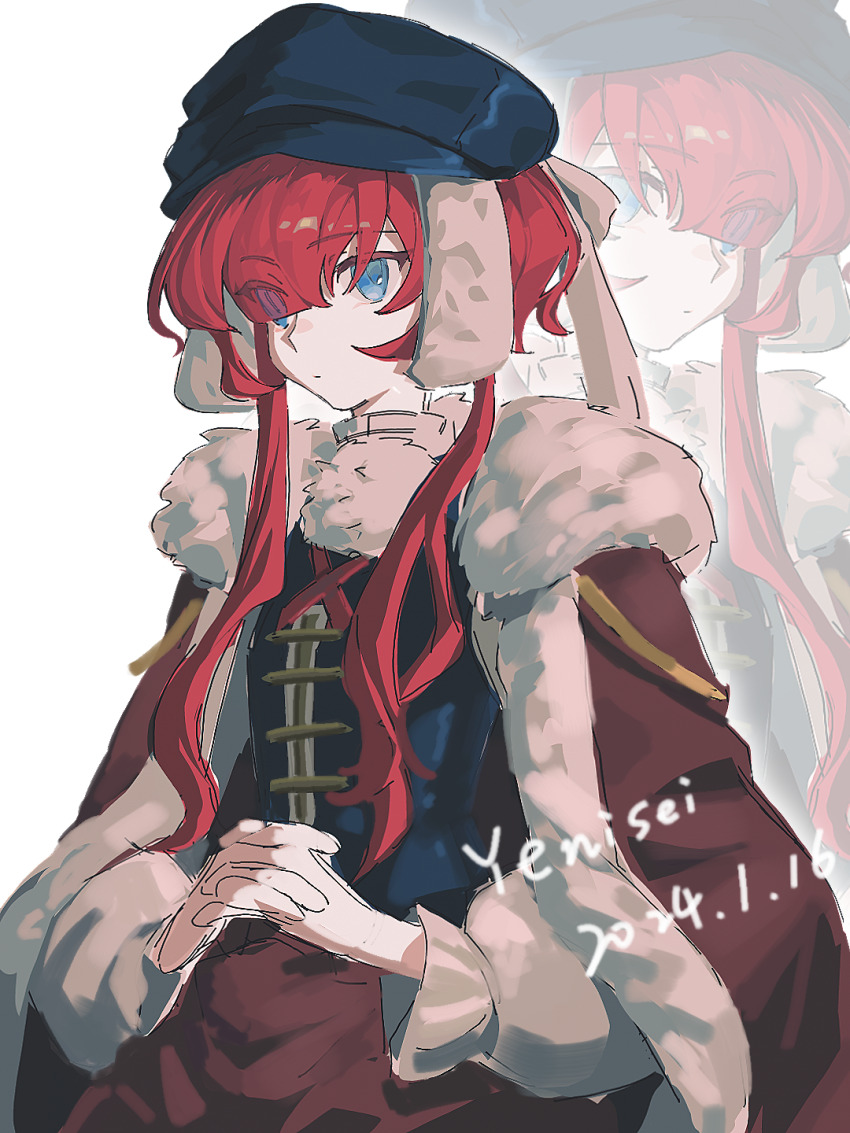 1girl black_hat black_vest blue_eyes newsboy_cap cape dated eyes_visible_through_hair fur-trimmed_cape fur_trim hair_over_one_eye hat highres interlocked_fingers long_sidelocks long_sleeves looking_at_viewer luanbu own_hands_together puffy_long_sleeves puffy_sleeves red_cape red_hair red_skirt reverse:1999 shirt sidelocks skirt solo upper_body vest white_background white_shirt yenisei_(reverse:1999) zoom_layer