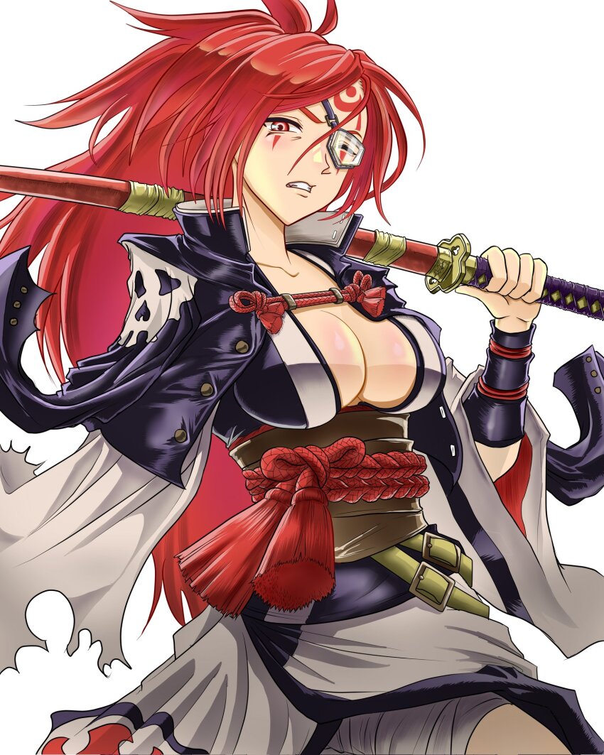 1girl amputee baiken big_hair black_kimono breasts cleavage clenched_teeth eiji_(illustr92828969) eyepatch facial_tattoo grey_background guilty_gear guilty_gear_strive highres holding holding_sword holding_weapon japanese_clothes kataginu katana kimono large_breasts long_hair looking_at_viewer multicolored_kimono one-eyed open_clothes open_kimono red_eyes samurai scar scar_across_eye scar_on_face solo sword tassel tattoo teeth weapon