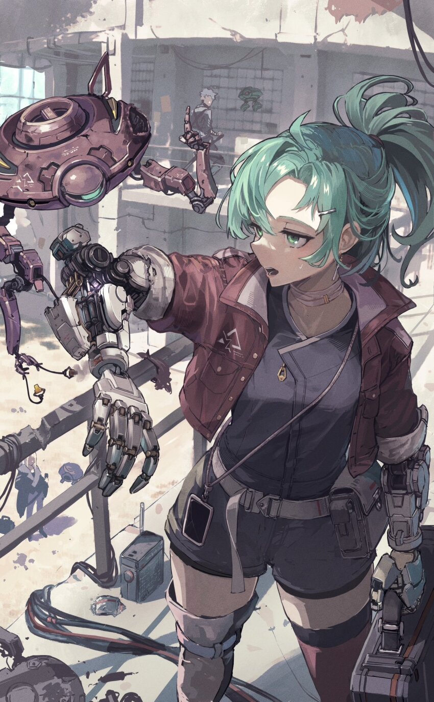 1girl 2others ambiguous_gender belt belt_pouch briefcase cable cropped_jacket green_eyes grey_hair hair_ornament hairclip highres ichiyon joints maintenance multiple_others original ponytail pouch prosthesis prosthetic_arm robot robot_joints science_fiction standing