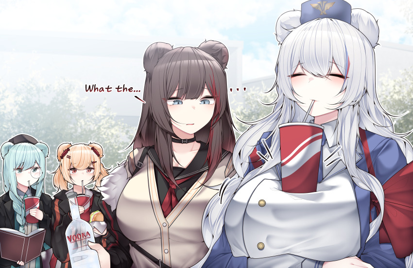 ... 4girls absurdres alcohol animal_ears aqua_hair arknights arms_under_breasts bear_ears bear_girl black_jacket black_sailor_collar blonde_hair blue_eyes blue_hat blue_jacket book bottle braid breasts brown_cardigan brown_hair bubble_tea_challenge candy_hair_ornament cardigan closed_eyes commentary_request cup day disposable_cup drinking drinking_straw drinking_straw_in_mouth english_text eyeliner facing_viewer food food-themed_hair_ornament gummy_(arknights) hair_between_eyes hair_ornament hairclip hat highres holding holding_book holding_bottle holding_cup holding_food istina_(arknights) jacket large_breasts long_hair long_sleeves looking_at_another looking_at_breasts makeup monocle multicolored_hair multiple_girls neckerchief object_on_breast open_book outdoors parted_lips red_eyeliner red_eyes red_neckerchief red_streaks rosa_(arknights) sailor_collar samip short_hair single_braid streaked_hair upper_body vodka white_hair zima_(arknights)