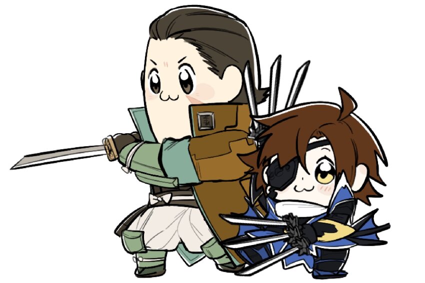 2boys :3 ahoge bkub_(style) blush brown_coat brown_eyes brown_hair coat commentary date_masamune_(sengoku_basara) english_commentary eyepatch facial_scar hair_slicked_back highres hikatwinkle holding holding_sword holding_weapon katakura_kojuurou_(sengoku_basara) katana looking_ahead male_focus multiple_boys multiple_wielding no_headwear parody poptepipic scar scar_on_cheek scar_on_face sengoku_basara short_hair simple_background style_parody sword weapon white_background yellow_eyes