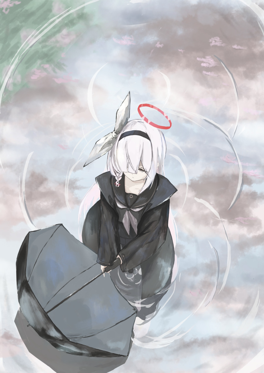 1girl absurdres black_hairband black_jacket black_sailor_collar black_serafuku black_shirt black_skirt black_umbrella blue_archive braid closed_mouth from_above grey_eyes grey_neckerchief hair_over_one_eye hairband halo highres jacket kogure0012 long_hair looking_to_the_side neckerchief plana_(blue_archive) rain red_halo reflection reflective_water sailor_collar school_uniform serafuku shirt sidelocks single_braid skirt solo umbrella white_hair