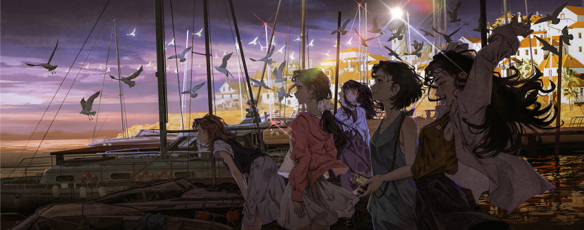 5girls absurdres bird blonde_hair boat brown_hair camera commentary dawn diffraction_spikes dress from_side gradient_sky harbor highres holding holding_camera jacket lighthouse looking_afar multiple_girls night ocean open_clothes open_jacket original outdoors sa_si_qierde seagull skirt sky twilight watercraft white_bird