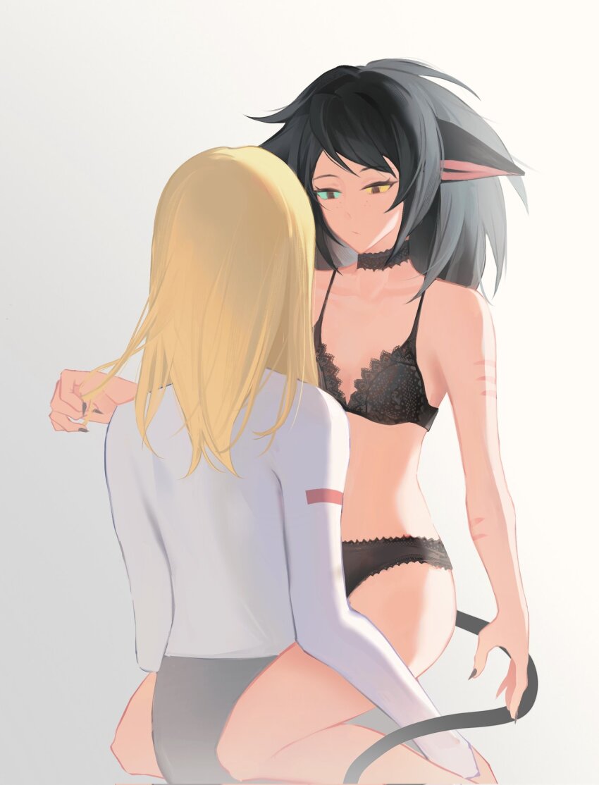 2girls adora_(she-ra) animal_ears black_bra black_choker black_hair black_panties black_pants blonde_hair bra breasts cat_ears cat_girl cat_tail catra choker fingernails heterochromia highres long_hair looking_at_another masters_of_the_universe multiple_girls panties pants scratches sharp_fingernails she-ra_and_the_princesses_of_power shirt sitting sitting_on_lap sitting_on_person tail underwear underwear_only white_background white_shirt youliqy yuri