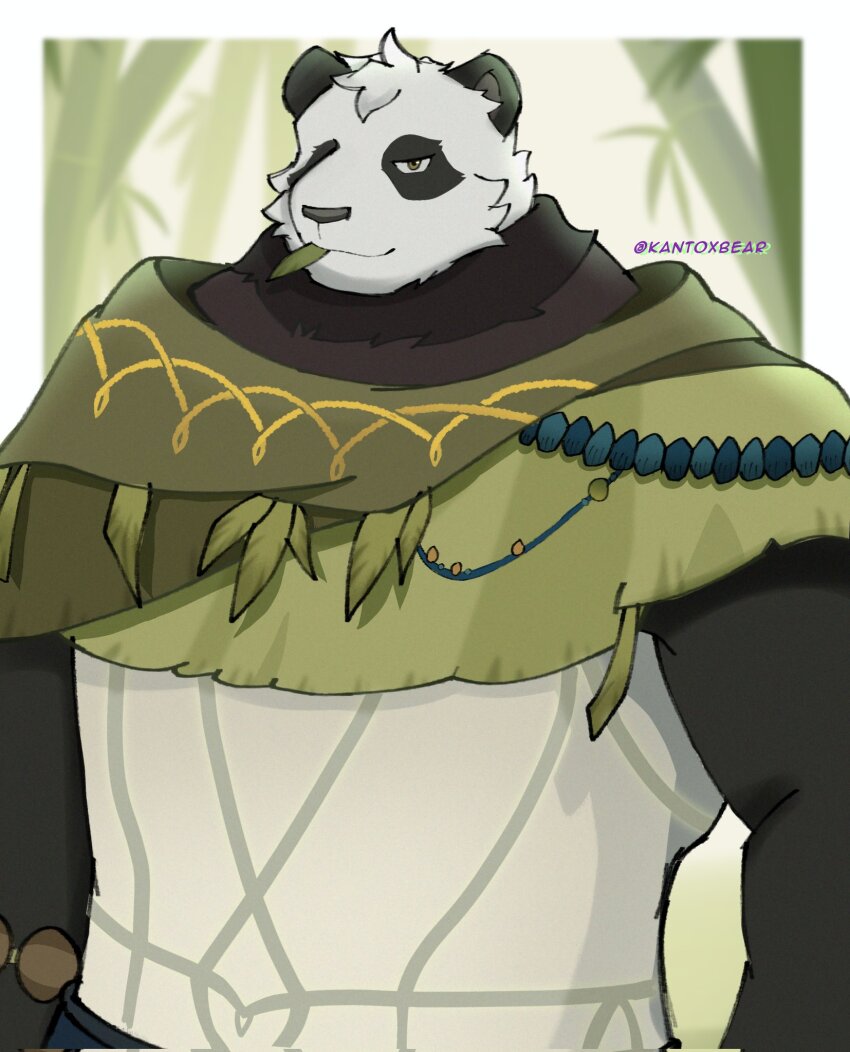 1boy afk_(series) afk_journey animal_ears armor artist_name bara biceps black_fur closed_mouth commentary english_commentary furry furry_male green_scarf highres kantoxbear leaf_in_mouth looking_at_viewer male_focus multicolored_fur muscular muscular_male panda_boy panda_ears pang_(afk) scarf smile twitter_username white_fur
