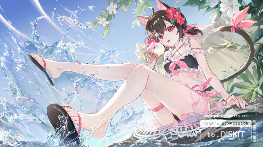 1girl absurdres animal_ears black_hair cat_ears cat_tail chap_sal_! commission flip-flops flower flower_on_head food highres ice_cream legs original sandals sitting solo tail tongue tongue_out water