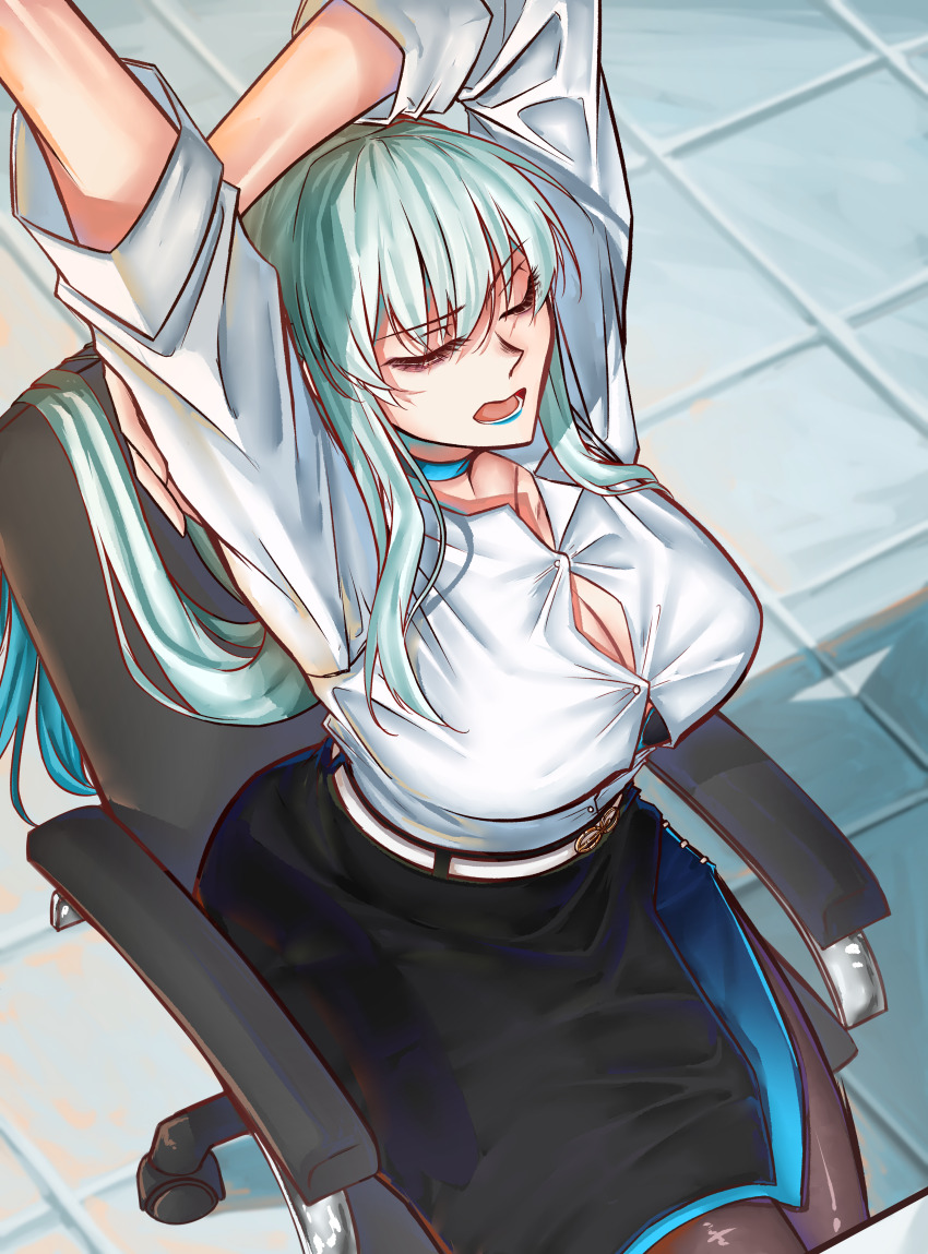 1girl absurdres belt black_bow black_dress black_skirt blue_eyes blue_lips blush bow braid breasts button_gap chair cleavage closed_eyes collared_shirt dress dress_shirt fate/grand_order fate_(series) from_above front-hook_bra grey_hair hair_bow half_up_braid highres huge_breasts large_breasts long_hair long_sleeves looking_at_breasts moren_eh morgan_le_fay_(chaldea_satellite_station)_(fate) morgan_le_fay_(fate) office_chair office_lady open_mouth pantyhose pencil_skirt ponytail shirt sidelocks skirt solo swivel_chair thick_thighs thighs two-tone_dress very_long_hair white_belt white_hair white_shirt